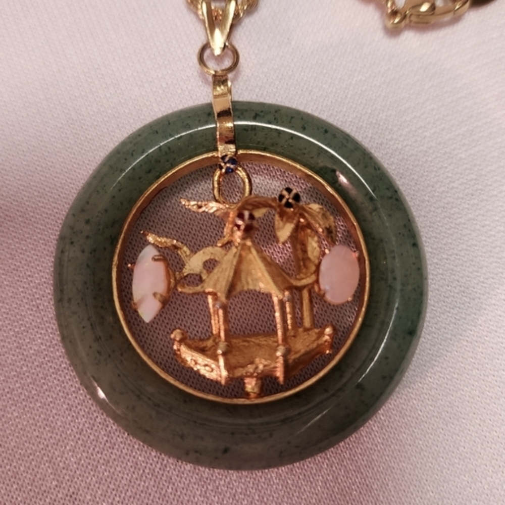Vintage Jade Green Circle Opal Moonstones Gold Village Hut Pendant Necklace